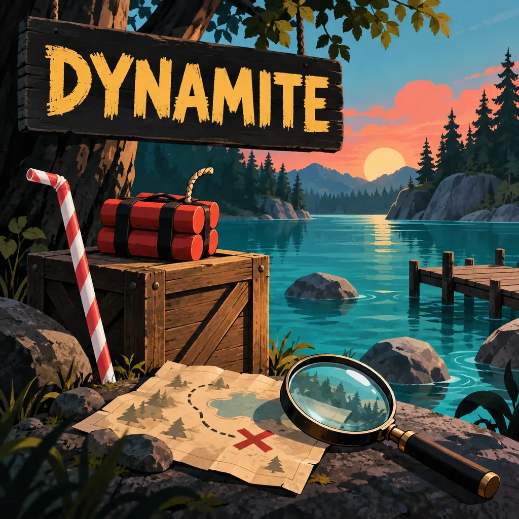 Editorial Lake Sipping dynamite investigation illustration with a lake, red dynamite bundle, map and magnifying glass