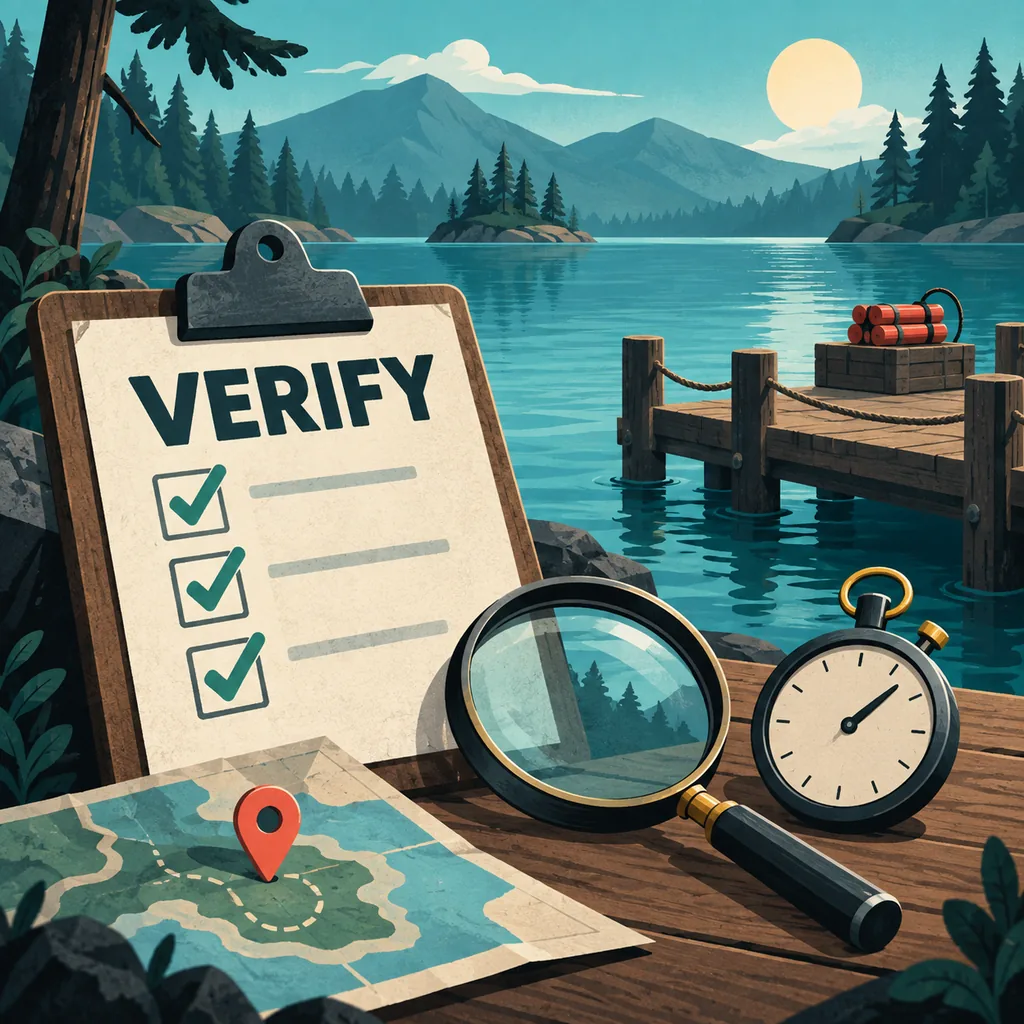 Editorial Lake Sipping dynamite verification illustration with a checklist, map pin, magnifying glass and lake dock