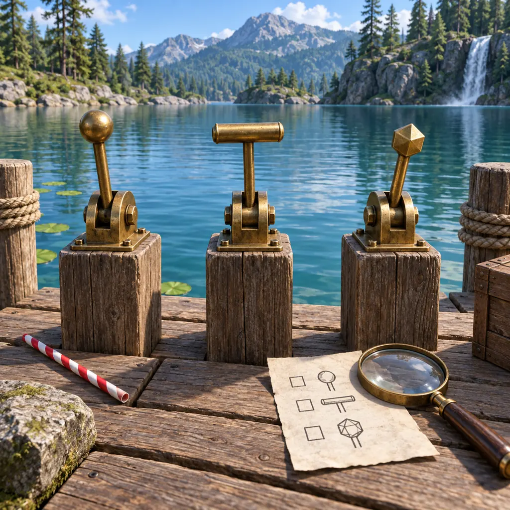 Editorial illustration of three brass levers on a Lake Sipping dock with a checklist