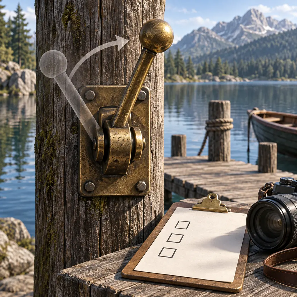 Editorial illustration of a Lake Sipping lever, camera, and three-item verification checklist