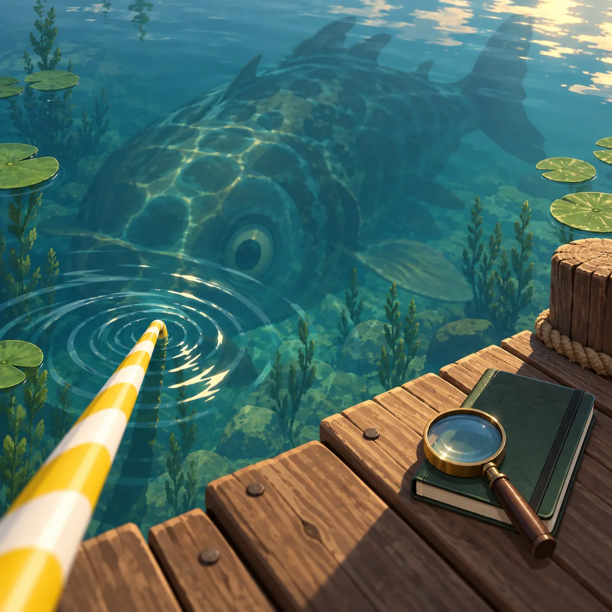 Editorial illustration of a striped straw and a large fish beneath a Lake Sipping dock