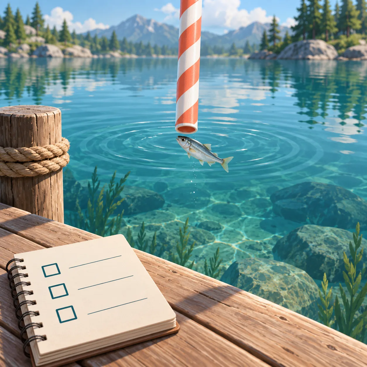 Editorial illustration of a fish crossing a striped straw with a simple verification notebook beside a lake